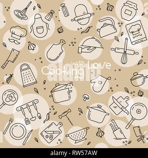 Background from icons on the theme of kitchen and cooking with lettering cooking with love. Stock Vector