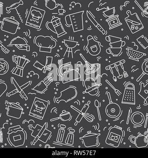 The seamless pattern on the kitchen theme with a variety of kitchen items. Stock Vector