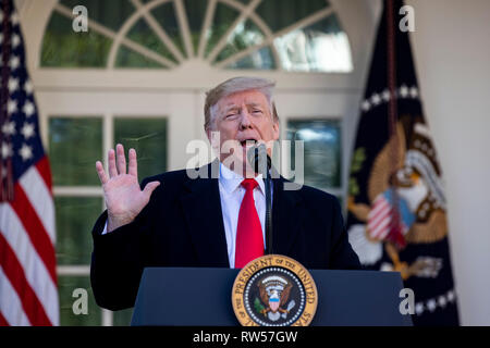 US President Donald Trump speaks about the government shutdown on January 25, 2019, from the Rose Garden of the White House in Washington, DC. Stock Photo