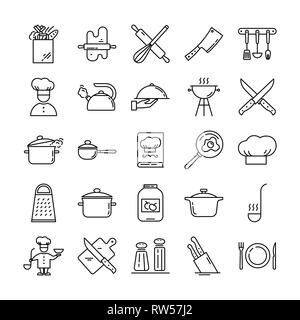 Set of clean line icons featuring various kitchen utensils and cooking related objects. Stock Vector