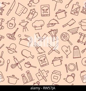 The seamless pattern on the kitchen theme with a variety of kitchen items. Stock Vector