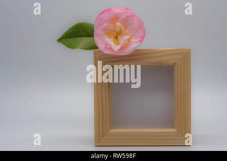 Square wooden frame mockup with a single pink flower with a green leaf placed upon top corner of photo frame. Stock Photo