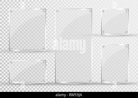 Glass plates are installed. Vector glass banners on a transparent background. Glass. Glass paintings. Color frames. Stock Vector