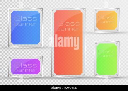 Glass plates are installed. Vector glass banners on a transparent background. Glass. Glass paintings. Color frames. Stock Vector