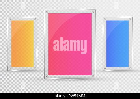 Glass plates are installed. Vector glass banners on a transparent background. Glass. Glass paintings. Color frames. Stock Vector