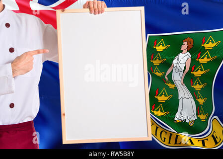British Chef Holding Blank Whiteboard Menu On United Kingdom Flag Background Cook Wearing Uniform Pointing Space For Text Stock Photo Alamy
