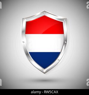 Holland flag on metal shiny shield vector illustration. Collection of flags on shield against white background. Abstract isolated object Stock Vector
