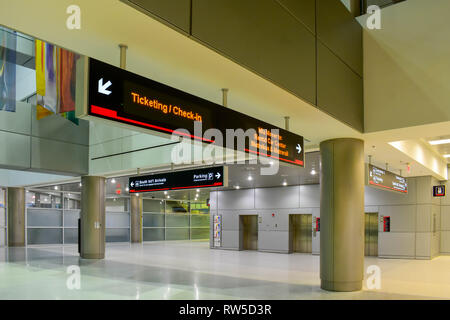 Miami, Florida. January 05, 2019. Top view Ticketing and Check-in sign  at Miami International Airport . Stock Photo