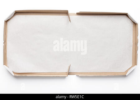 Empty open cardboard pizza box on white background Stock Photo