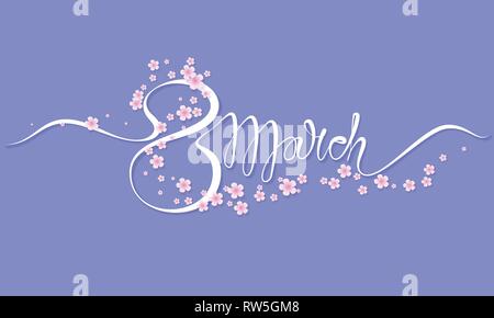 Happy 8 March womens day card. Hand drawn lettering with spring flowers. Vector illustration. Continuous one line style. Stock Vector