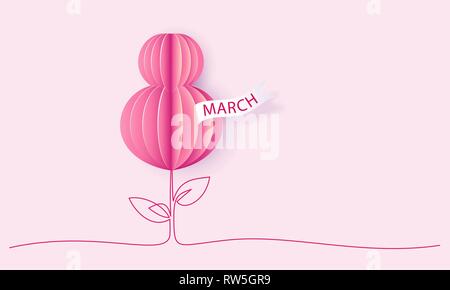 Happy 8 March womens day card. Balloon shaped as eight flower with hand drawn leaves. Vector paper desing illustration. Continuous one line style. Stock Vector