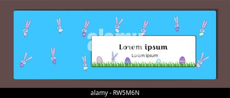 Vector horizontal blue cover or banner for Happy Easter with painted eggs and a rabbit. Bunny and eggs with a floral pattern. Decoration of green gras Stock Vector
