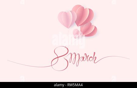 Happy 8 March women's day card. Continuous one line drawing. Lettering with ait balloons shaped as heart. Vector illustration Stock Vector