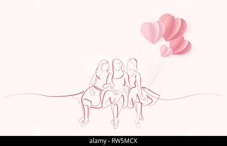 Happy 8 March women's day card. Continuous one line drawing. Friends girls sitting together with ait balloons shaped as heart. Vector illustration Stock Vector