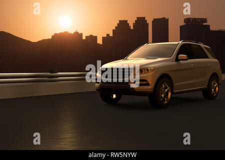 3D rendering of a SUV on motion with the silhouette of Hong Kong skyline Stock Photo