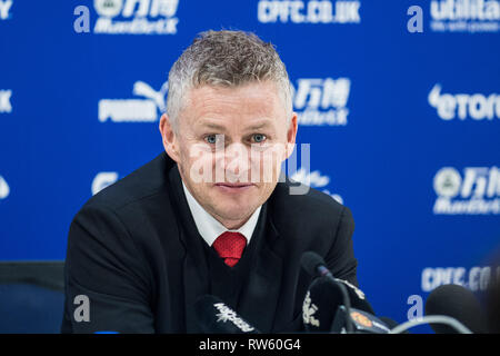 LONDON, ENGLAND - FEBRUARY 27: manager Ole Gunnar Solskjaer of Manchester United at press conference after the Premier League match between Crystal Pa Stock Photo