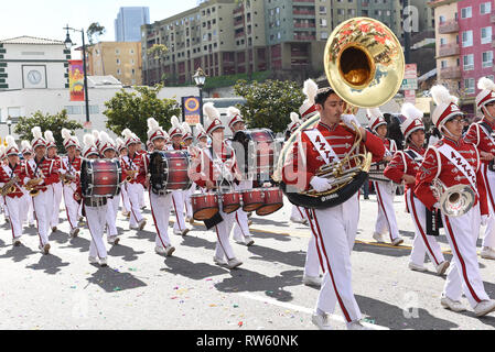 LOS ANGELES - FEBRUARY 9, 2019: Mark Keppel High School Marching Band at the Los Angeles Chinese New Year Parade. Stock Photo