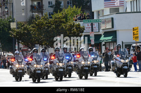 LOS ANGELES - FEBRUARY 9, 2019: LAPD Motorcycle Officers kick off the Golden Dragon Parade, celebrating the Chinese New Year. Stock Photo