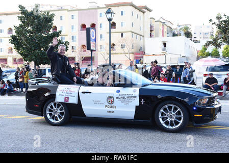 LOS ANGELES - FEBRUARY 9, 2019: LAPD Chief  of Police Michel Moore rides in the Chinese New Year Parade. Stock Photo