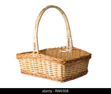 Wicker woven Easter basket isolated on white Stock Photo