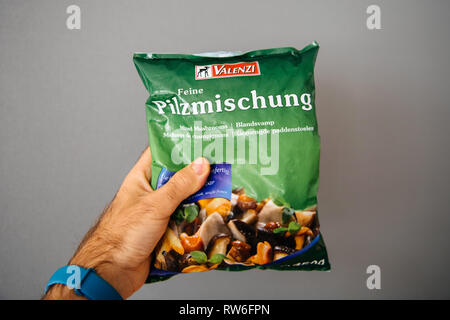 Paris, France - Oct 19, 2017: Man hand holding frozen mushroom produced by Valenzi Feine Pilzmishung fast cooking frozen food Stock Photo