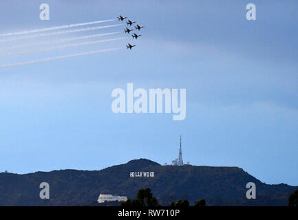 The US Air Force Thunderbirds as they make a pass over the Hollywood sign Monday for the movie premiere of Captain Marvel.'This flyover is also in memory to honor the men and women serving in the Armed Forces who are represented in Captain Marvel,'' said Lt. Col. John Caldwell, the Thunderbirds Commander/Leader. Los Angeles. March 4, 2019.Photo by Gene Blevins/ZumaPress. Credit: Gene Blevins/ZUMA Wire/Alamy Live News Stock Photo