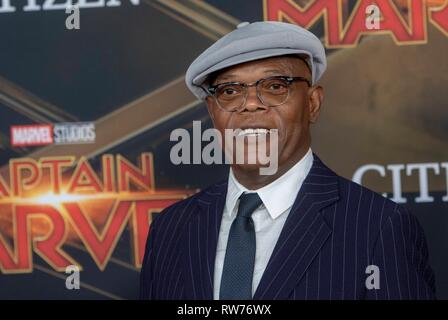 Samuel L. Jackson attends the world premiere of 'Captain Marvel' at El Captian Theatre in Los Angeles, USA, on 04 March 2019. Photo: Chris Ashford Stock Photo