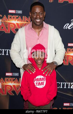 Sterling K. Brown and child attend the world premiere of 'Captain Marvel' at El Captian Theatre in Los Angeles, USA, on 04 March 2019. Photo: Chris Ashford | usage worldwide Stock Photo