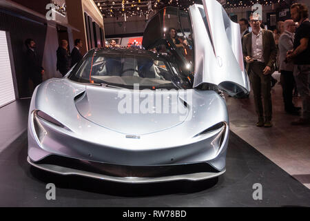 Geneva, Switzerland. 5nd March, 2019. The new McLaren SpeedTrail (face view) presented at the 89th Geneva International Motor Show. Credit: Eric Dubost/Alamy Live News Stock Photo