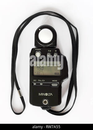 01 March 2019, Saxony, Leipzig: The flash exposure meter 'Minolta Auto Meter IV F'. The light meter can measure continuous light and flash. Photo: Peter Endig/dpa-Zentralbild/ZB Stock Photo