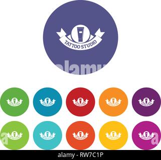 Tattoo studio icons set vector color Stock Vector