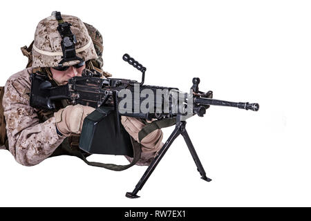 U.S. Marine with mashine gun on white background. Stock Photo