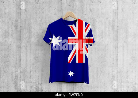 Heard Island and Mcdonald Islands flag T-shirt on hanger, team uniform design idea for garment production. National wear. Stock Photo