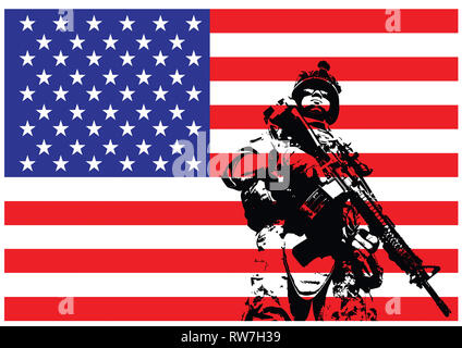 Illustration of U.S. Marine in front of the USA flag. Stock Photo