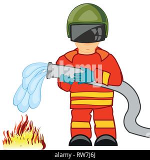 Vector illustration of the cartoon fireman in defensive cloth flooding water fire Stock Vector