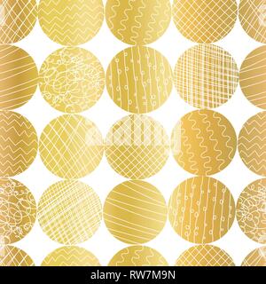 Gold foil textured circle shapes seamless vector pattern. Golden abstract circles on white background. Elegant design for web banner, blog, wedding Stock Vector