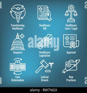 Health Laws and Legal icon set | various aspects of the legal system Stock Vector