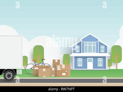 New house for family, moving house, building exterior and pile of stacked cardboard boxes. Vector illustration paper flat design style concept for lif Stock Vector