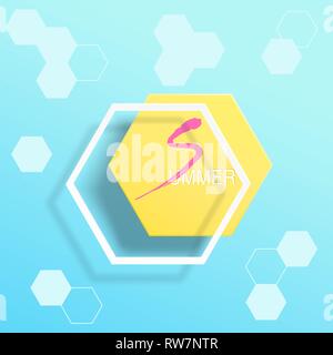 Abstract yellow hexagon summer banner floating on blue background, water, with shadow. Vector illustration 3d stye for season vocation, weekend, holid Stock Vector