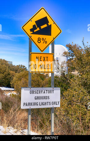 Yellow traffic sign - 8% gradient for the next 10 miles at Kitt Peak in Arizona Stock Photo