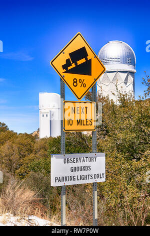 Yellow traffic sign - 8% gradient for the next 10 miles at Kitt Peak in Arizona Stock Photo