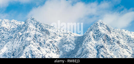 Wide panoramic view of snow covered Zabarwan Mountains in Kashmir. Himalayas in Kashmir India Stock Photo