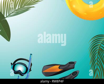green palm leaf branches and other beach elements on bright blue background. Stock Vector