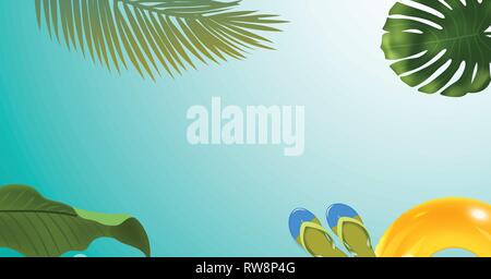 green palm leaf branches and other beach elements on bright blue background. Stock Vector
