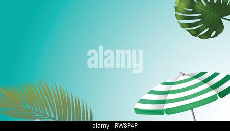 green palm leaf branches and other beach elements on bright blue background. Stock Vector