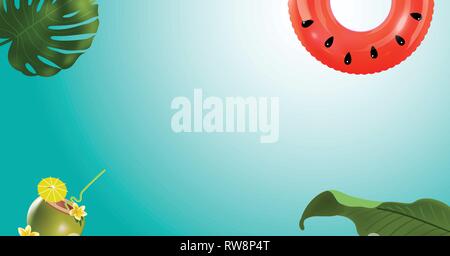 green palm leaf branches and other beach elements on bright blue background. Stock Vector
