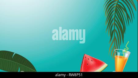 green palm leaf branches and other beach elements on bright blue background. Stock Vector