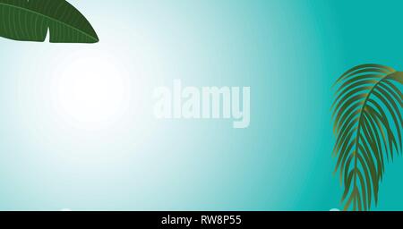 green palm leaf branches and other beach elements on bright blue background. Stock Vector