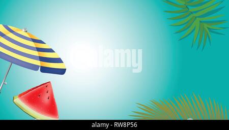 green palm leaf branches and other beach elements on bright blue background. Stock Vector
