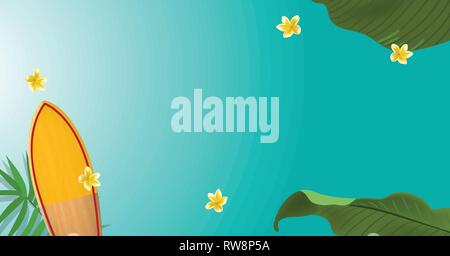 green palm leaf branches and other beach elements on bright blue background. Stock Vector